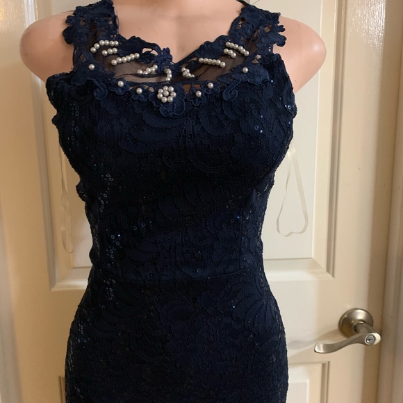 Women junior blue navy lace sequins halter bodycon mermaid maxi dress size (S) - Picture 5 of 13
